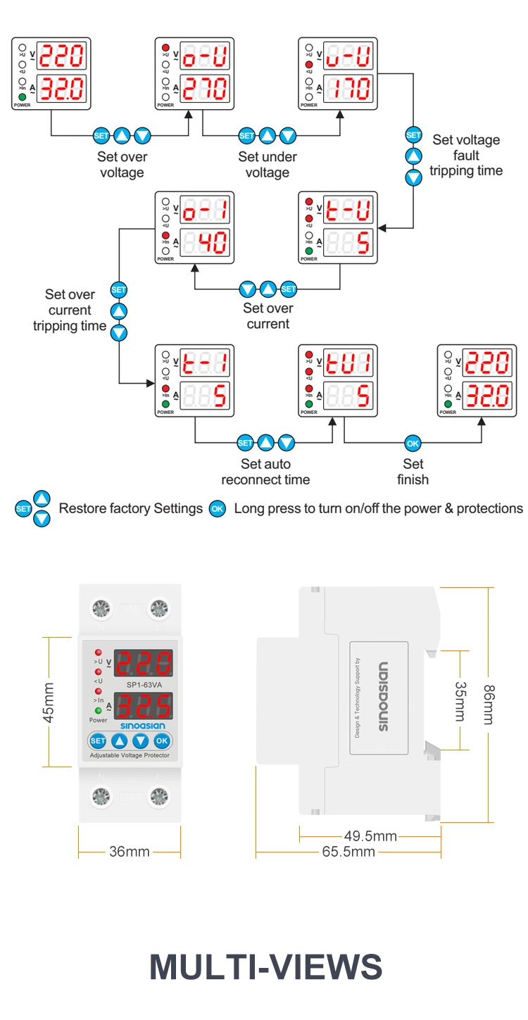 Manufacturer 2p 220/230V 1-63A Adjustable Over Under Voltage Current Protector